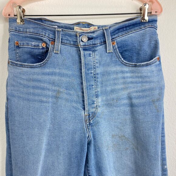 Levi Ribcage Straight Ankle Women Jeans Size 30 Button Front Med Wash Distressed - Picture 2 of 16